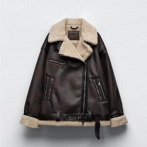 Zara Shearling Lined Biker Jacket - Black and Cream